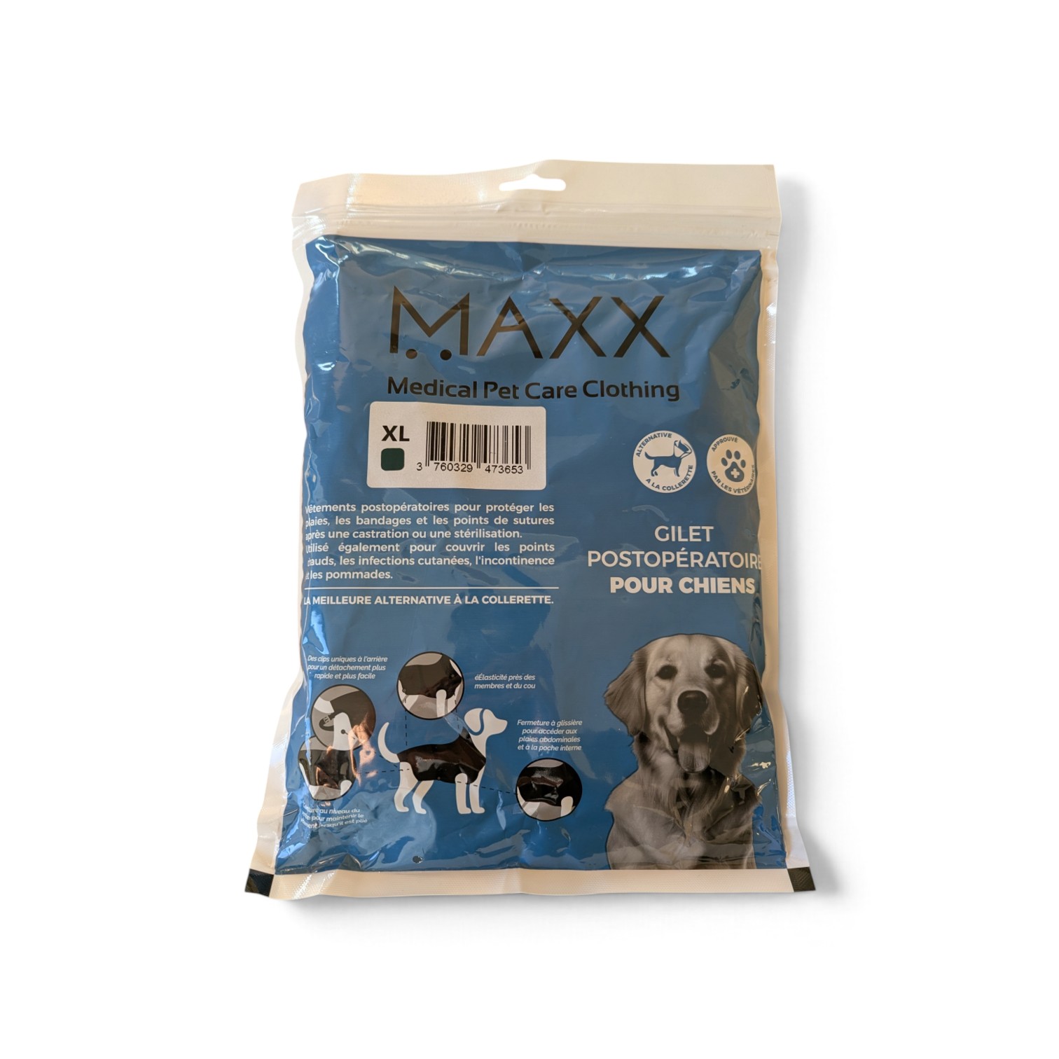 Gilet de protection Dog Shirt taille XL bleu paon sur grand chien (type Berger Allemand), protection post-opératoire.