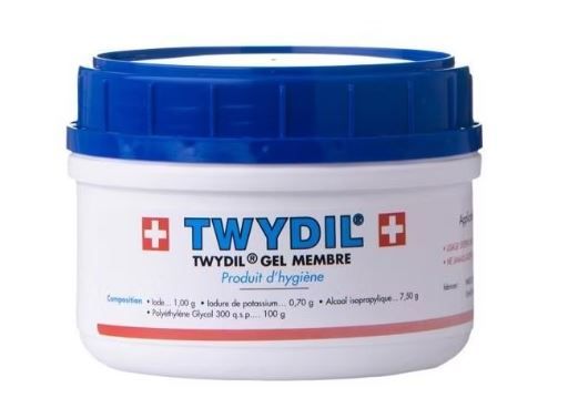 Pot blanc à couvercle bleu de Twydil Gel Membre pour le soin et le rafraîchissement des tendons du cheval.