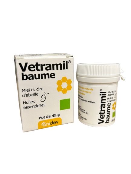 Vetramil Baume Anidev pot 45 g – soin cutané naturel au miel médical et huiles essentielles pour animaux.