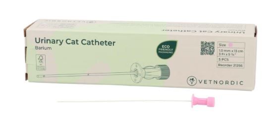 Boîte de 5 cathéters urinaires roses pour chat Vetnordic 3Fr, 13cm, radio-opaques au baryum avec embase de suture.