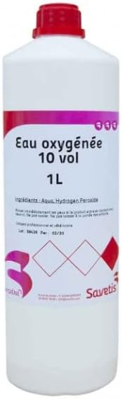 Flacon blanc de 1 litre d'Eau oxygénée 10 volumes (3%) Savetis, solution d'hygiène et de nettoyage vétérinaire.