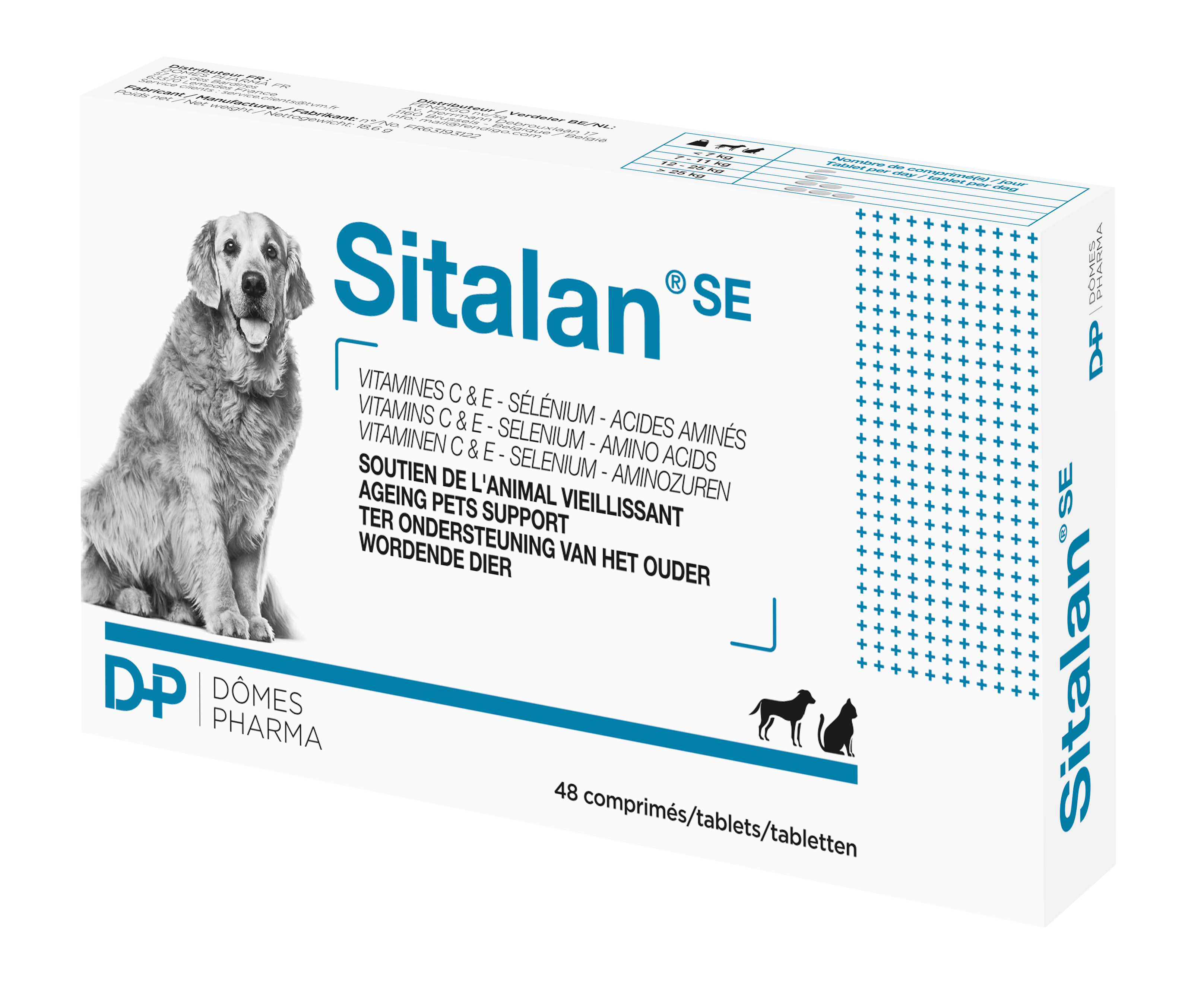 Boîte blanche et bleue de Sitalan SE TVM Lab contenant 48 comprimés pour le soutien de l'animal vieillissant (chien et chat).
