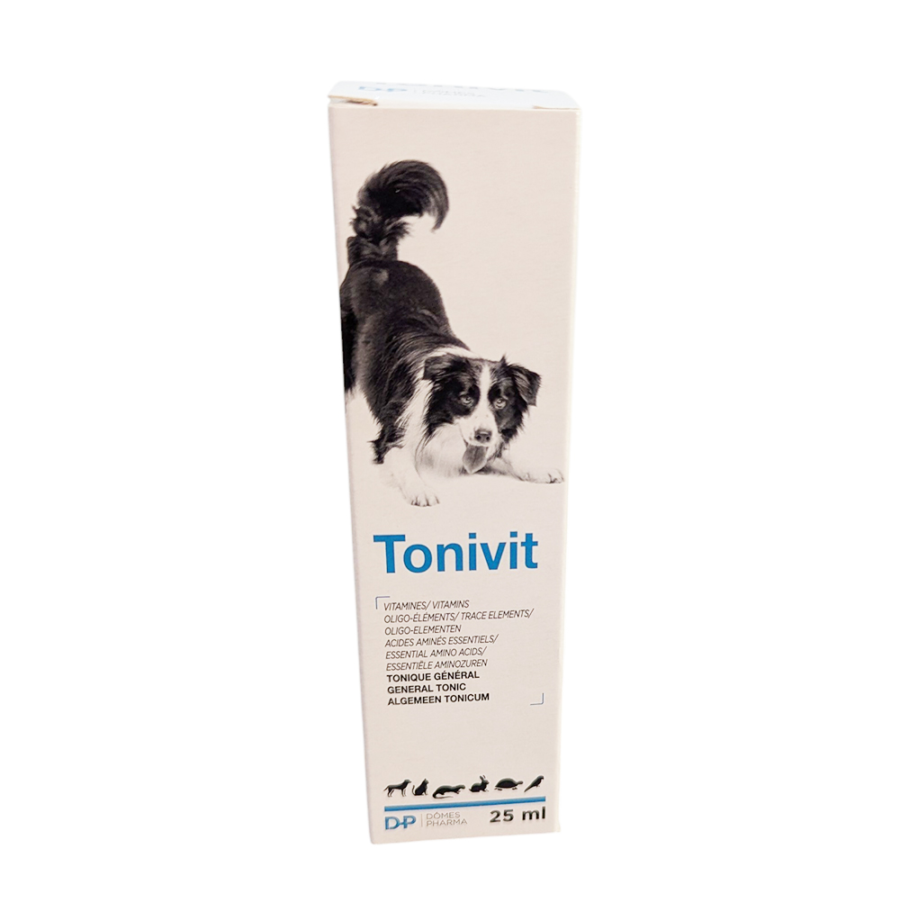 Boîte et flacon de 25 ml de Tonivit TVM, tonique général multivitaminé pour chiens, chats, furets et nouveaux animaux de compagnie (NAC).