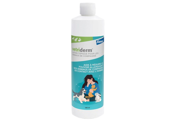 Flacon de 350 ml de Lotion Topique Vetriderm d'Elanco pour réduire le pouvoir allergisant des chiens et chats.