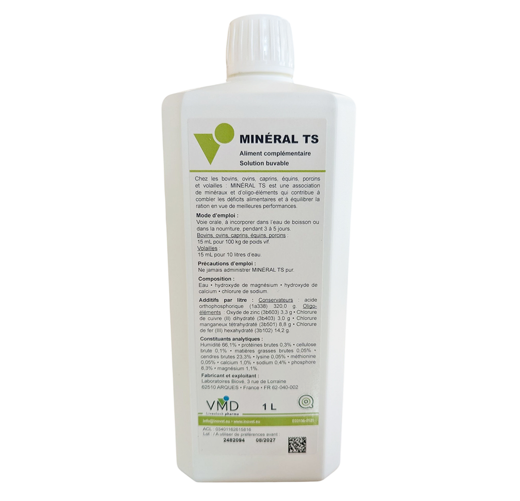 Flacon blanc de 1 Litre de MINÉRAL TS Biové, complément nutritionnel liquide pour l'équilibre minéral des animaux d'élevage.