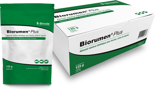 Boîte carton et sachet unitaire de 125 g de complément minéral diététique Biorumen Plus Bimeda pour bovins, ovins et caprins.