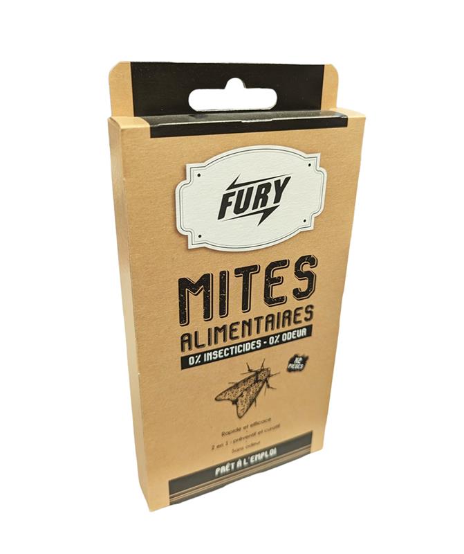 Boîte en carton brun Fury pour 2 pièges à mites alimentaires, mentionnant 0% insecticide, 0% odeur, rapide et efficace, usage préventif et curatif.