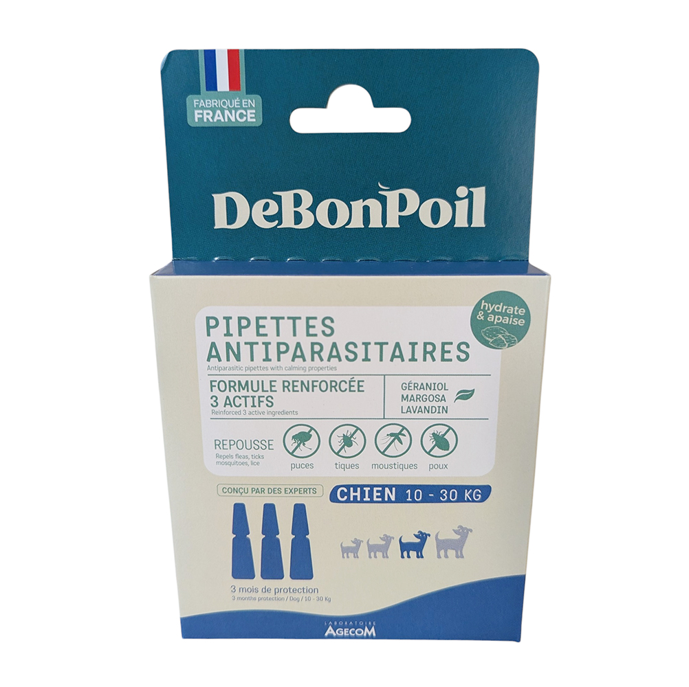Boîte 3 pipettes antiparasitaires DeBonPoil chien moyen 10-30kg hydratant apaisant.