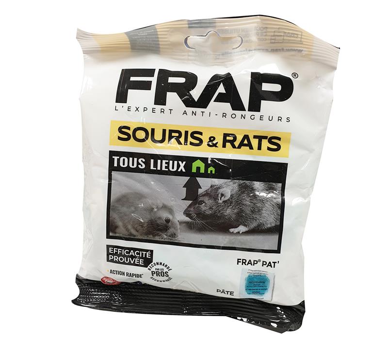 Sachet de 150g de rodenticide FRAP Pat' à base de diféthialone pour la lutte contre les rats et souris dans tous lieux.