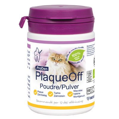 ProDen PlaqueOff chat 40g poudre naturelle anti-tartre et anti-plaque pour l’hygiène dentaire des chats