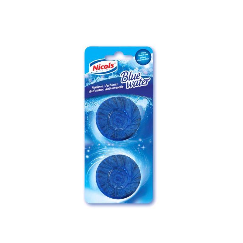 Lot de 2 blocs Nicols Blue Water pour réservoir de chasse d'eau, action anti-tartre et parfumante avec coloration bleue de l'eau.
