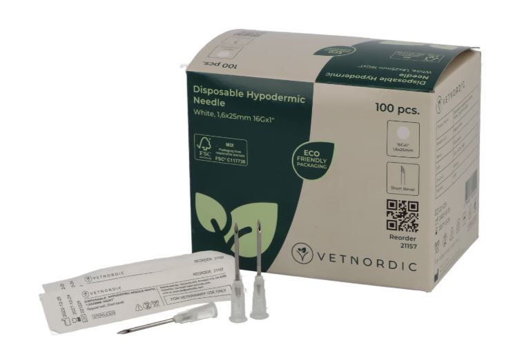 Boîte de 100 aiguilles hypodermiques VetNordic 16G blanches 25mm, packaging écologique.