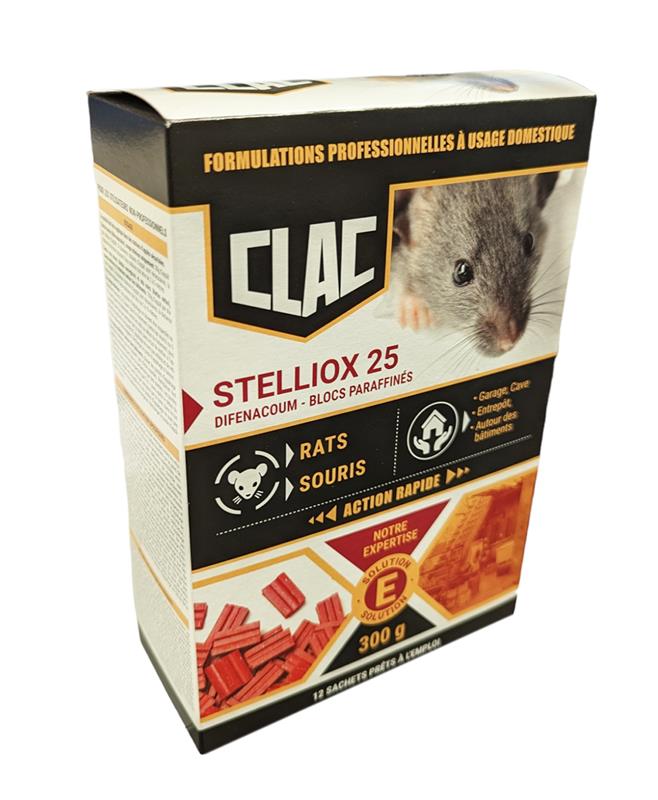 Boîte de rodenticide Clac STELLIOX 25 contenant 12 sachets de 25 g de blocs paraffinés au difénacoum pour éliminer rats et souris en zones humides.