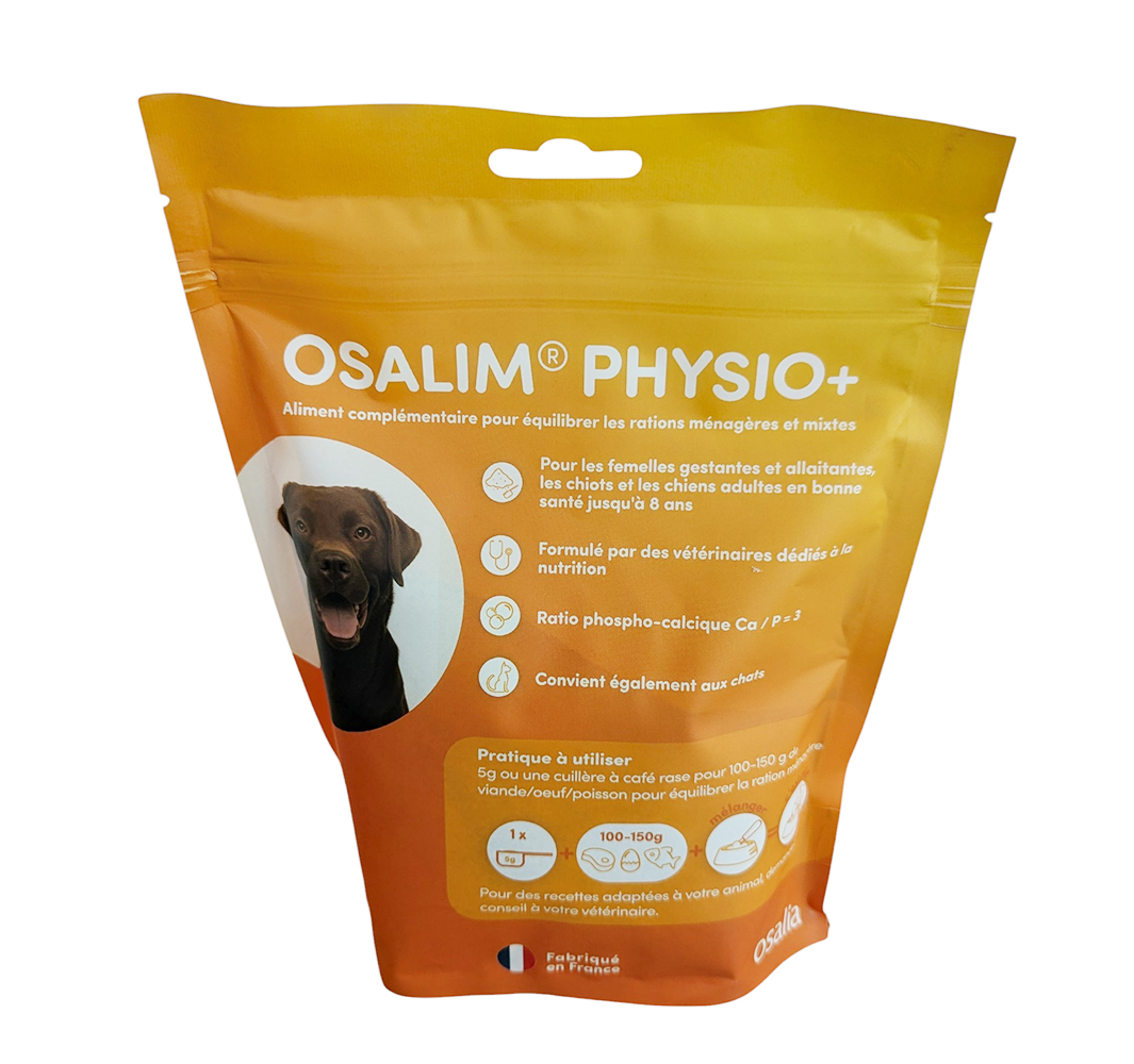 Osalim Physio+ Chien Osalia – complément nutritionnel pour femelles gestantes, allaitantes et chiots, formule équilibrée calcium-phosphore.