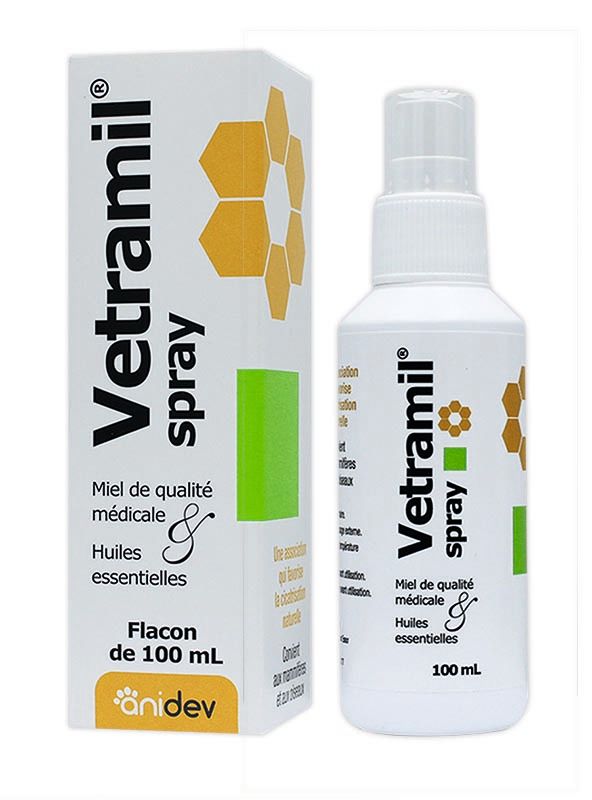 Vetramil Spray 100 ml – soin cutané naturel au miel médical et huiles essentielles pour chiens, chats et chevaux
