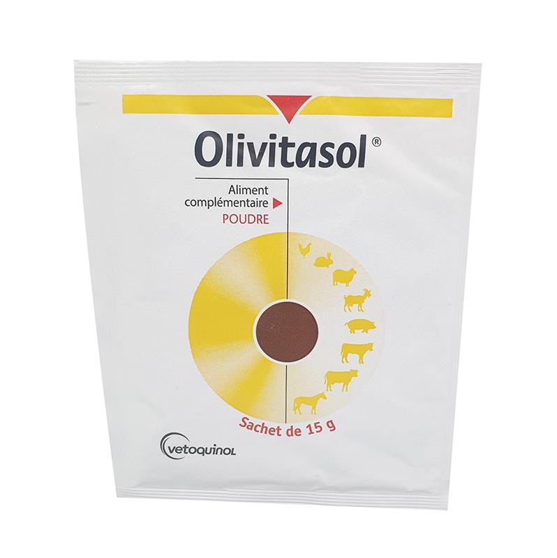 Sachet blanc de 15g d'OLIVITASOL Vetoquinol, aliment complémentaire en poudre pour la vitalité des animaux d'élevage (volailles, lapins, porcs, ruminants, chevaux).