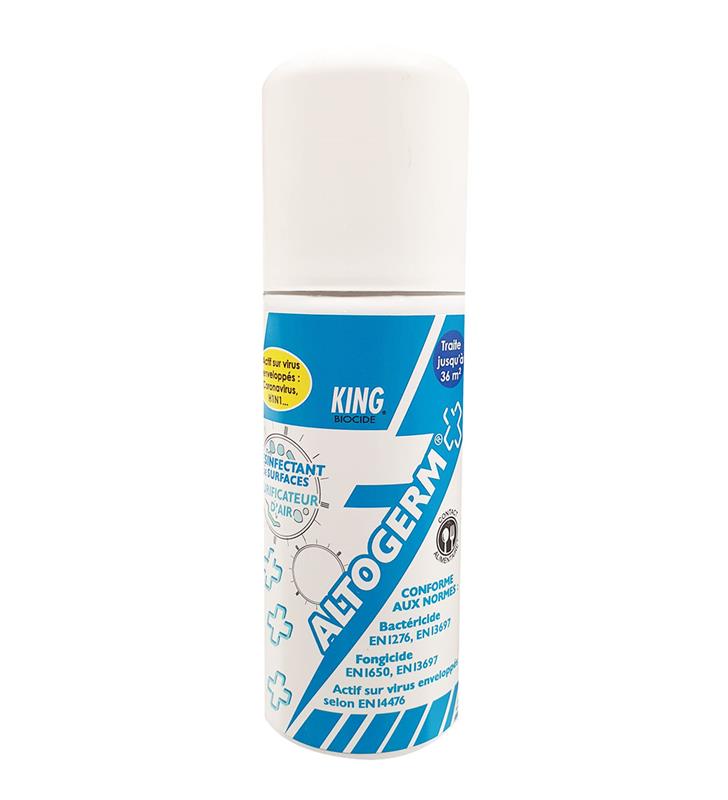 Aérosol ALTOGERM+ Unidose 150ml KING de couleur blanche et bleue, certifié bactéricide, fongicide et actif sur les virus enveloppés comme le Coronavirus.