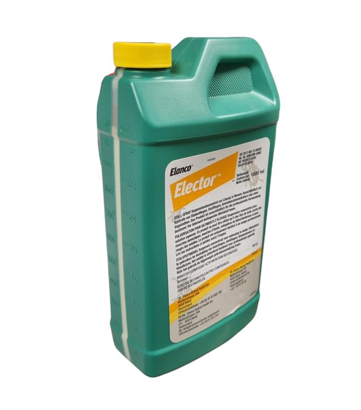 Bidon de 1 litre d'insecticide Elector Elanco pour le contrôle des poux rouges et mouches en élevage.