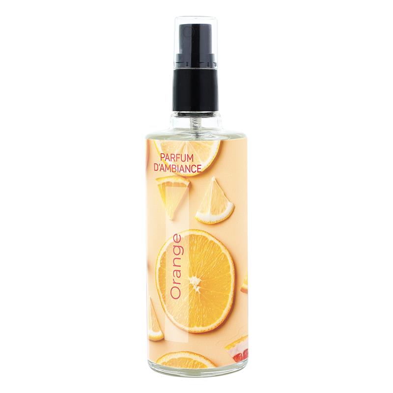 Flacon vaporisateur transparent de 125 ml de parfum d'ambiance Vapolux Orange, avec une étiquette claire illustrant des quartiers d'oranges frais et juteux.