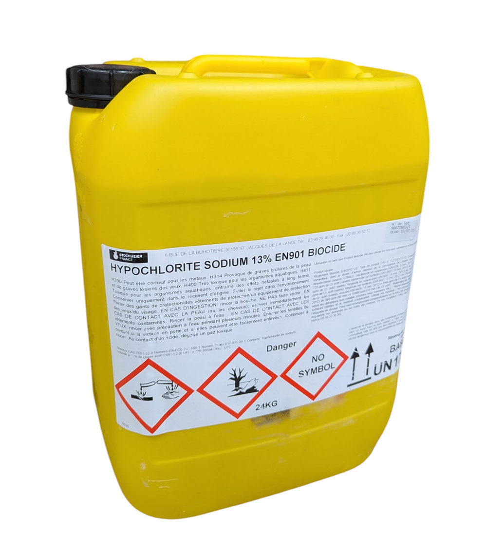 Bidon jaune 20L d'hypochlorite de sodium 13% javel professionnelle concentrée.