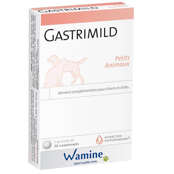Boîte Gastrimild Wamine 30 comprimés pour chiens et chats, soutien du confort gastrique et de l’estomac sensible.
