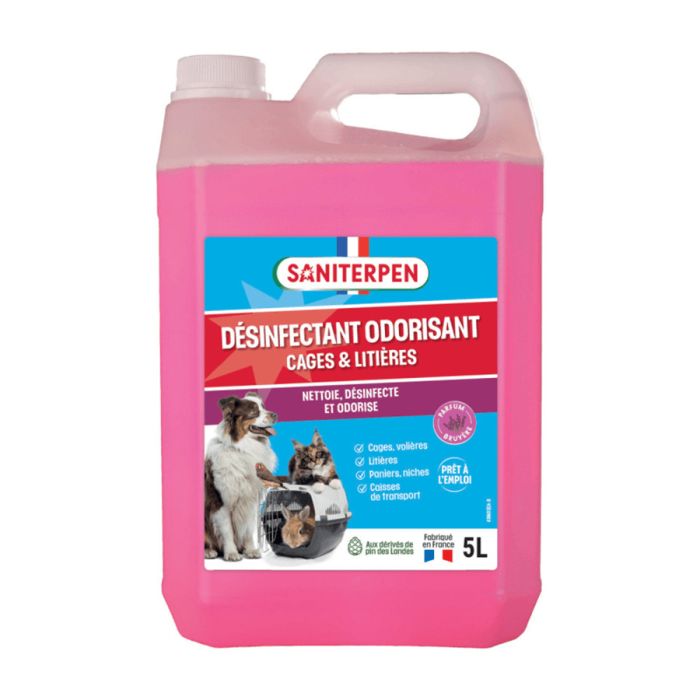 Grand bidon rose de 5 Litres Saniterpen Désinfectant Odorisant Cages et Litières prêt à l'emploi au parfum de pin pour chiens, chats, rongeurs et oiseaux.