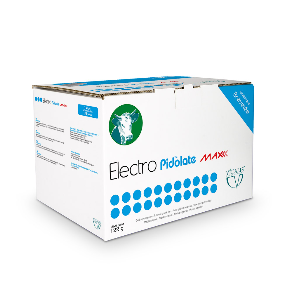 Boîte Electro Pidolate Max Vétalis, 50 bolus calcium pour prévention fièvre de lait au vêlage.