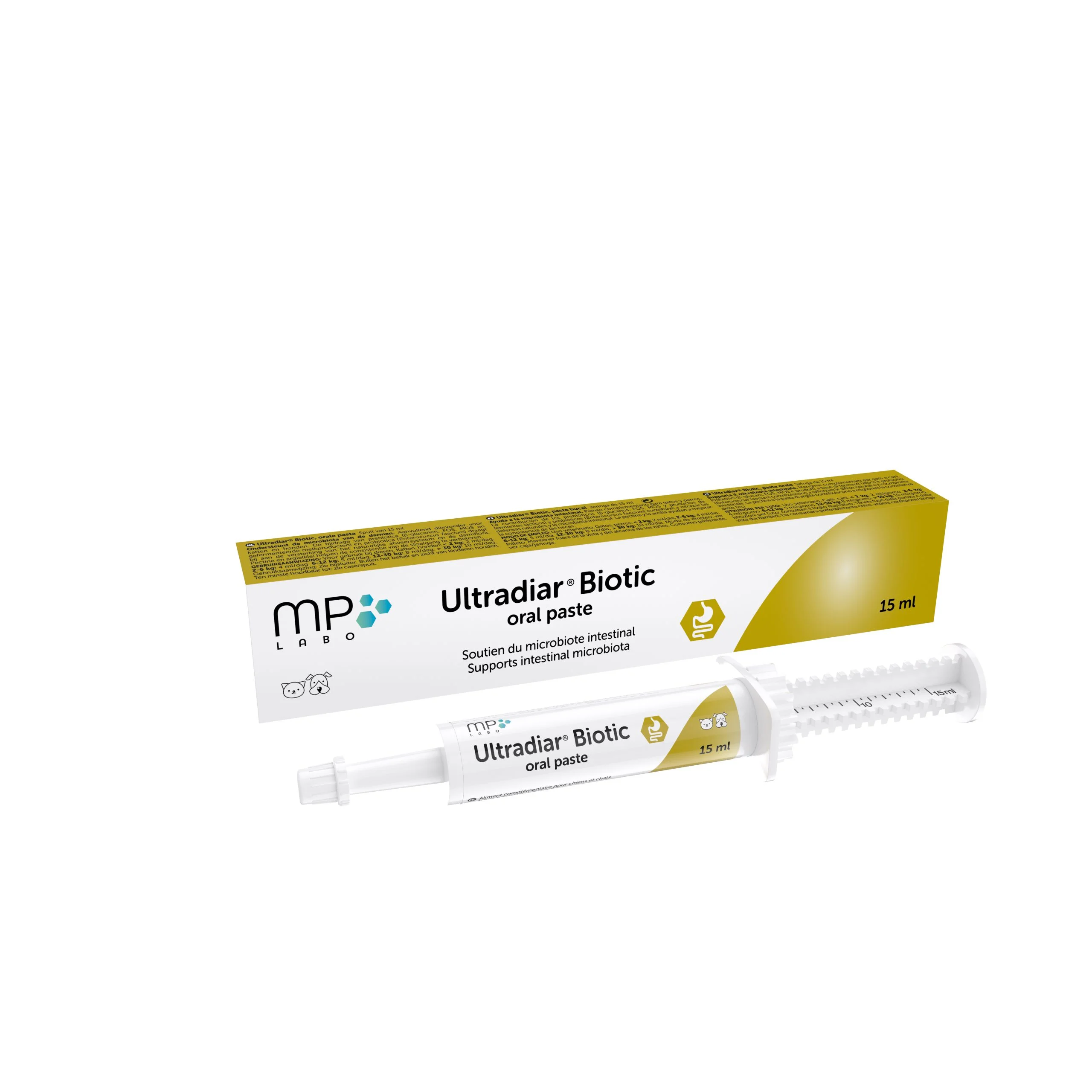 Seringue pâte orale Ultradiar Biotic MP Labo 15ml pour digestion chien et chat