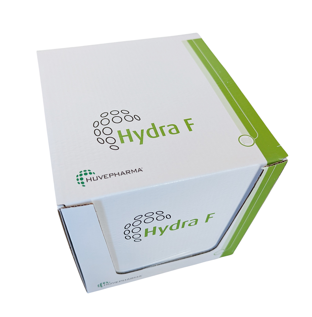 Boîte blanche et grise d'Hydra F de Huvepharma montrant un sachet individuel de galet effervescent de 50 g pour la réhydratation des veaux.