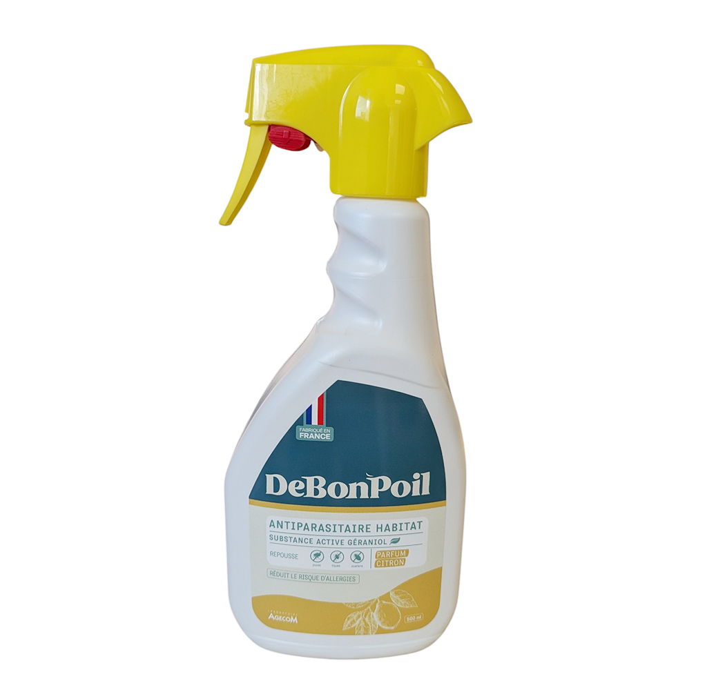 Spray antiparasitaire habitat DeBonPoil 500ml au géraniol naturel, parfum citron, fabriqué en France.