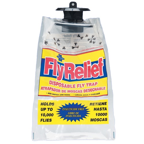 Sac piège à mouches jetable transparent Fly Relief de Farnam avec étiquette jaune et rouge, indiquant une capacité de capture de 10 000 mouches sans insecticide.