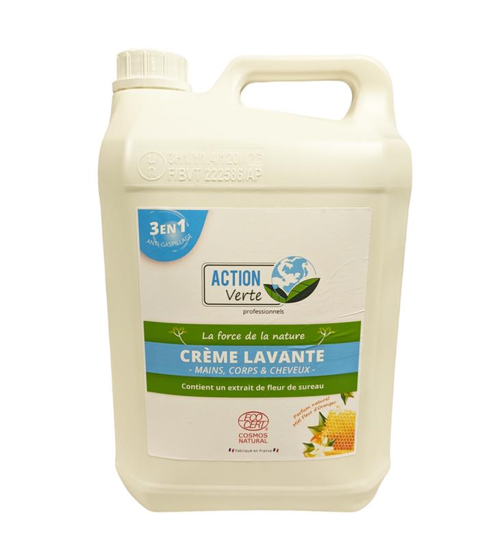 Bidon 5L crème lavante Action Verte 3 en 1 mains corps cheveux ecocert miel orange.