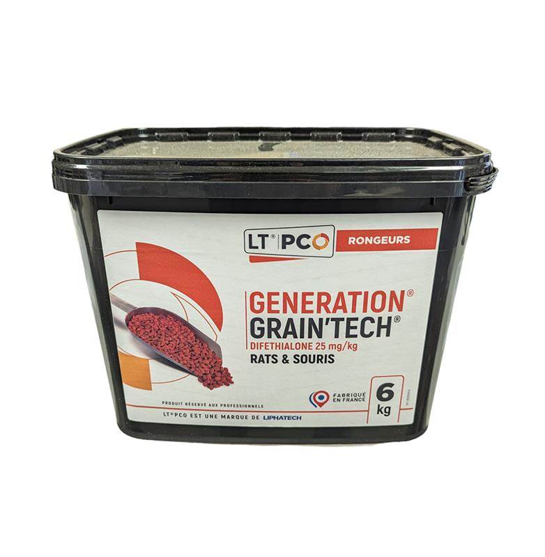 Seau de 6 kg de GENERATION GRAIN'TECH, raticide et souricide au blé sélectionné turbo-imprégné à la Diféthialone, fabriqué en France par LIPHATEC
