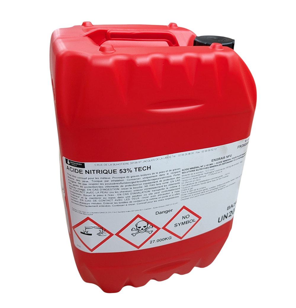 Bidon rouge de 27 kg d'Acide Nitrique 53% Tech Stockmeier France, régulateur de pH et engrais minéral NF U 42-005.