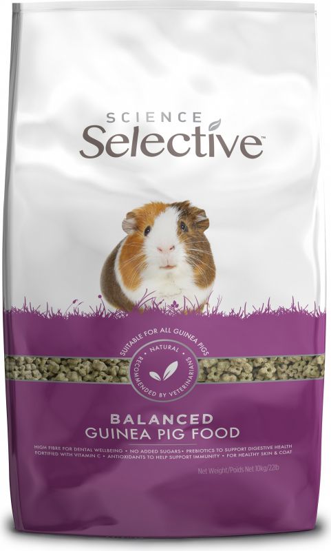 Sac élevage de 10 kg d'extrudés Supreme Science Selective Cochon d'Inde avec visuel de cobaye tricolore.