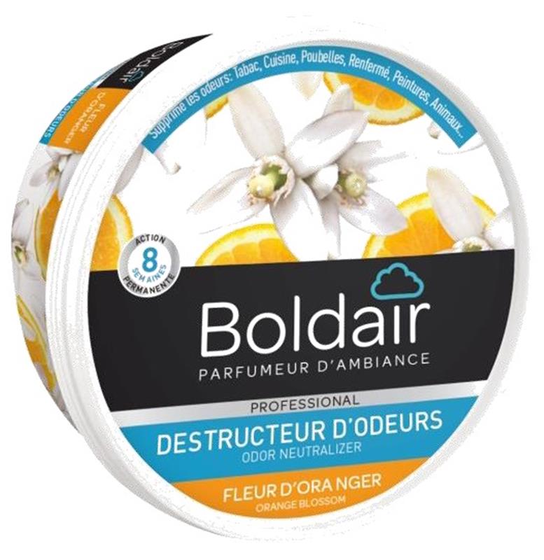Boîte circulaire de 300 g de Gel Destructeur d'Odeurs Boldair senteur Fleur d'Oranger, étiquette blanche illustrée de fleurs et de quartiers d'oranges, mentionnant une action permanente de 8 semaines.