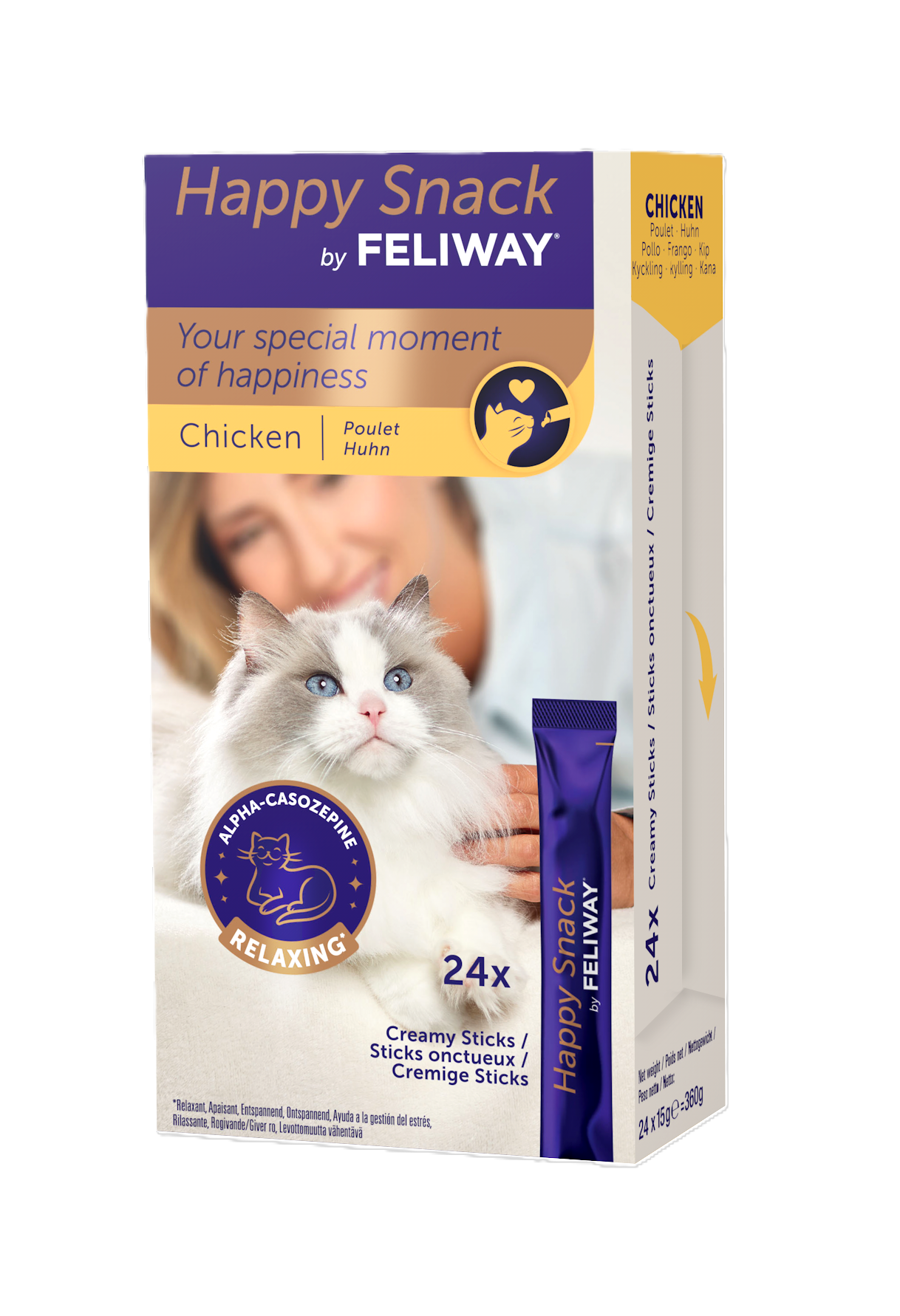 Boîte violette et jaune de Happy Snack by FELIWAY au poulet contenant 24 sticks onctueux pour l'apaisement des chats, illustrée par une femme caressant un chat blanc.