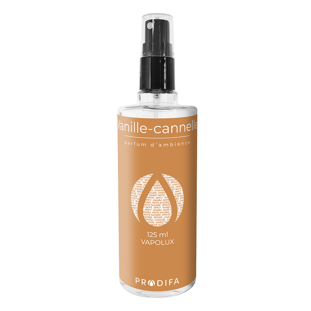 Flacon vaporisateur de 125 ml de parfum d'ambiance Vapolux Vanille-Cannelle Prodifa, étiquette ocre avec un design circulaire central stylisé.