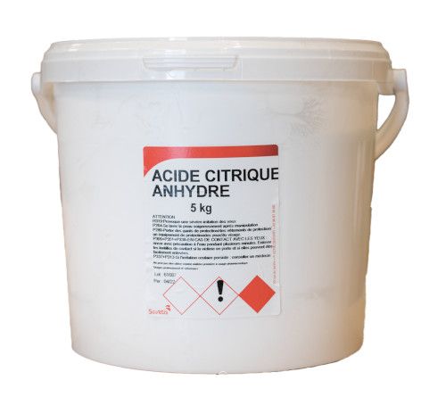 Seau de 5 kg d'Acide Citrique Anhydre E 330 de qualité alimentaire et pharmaceutique pour le détartrage et le nettoyage professionnel.
