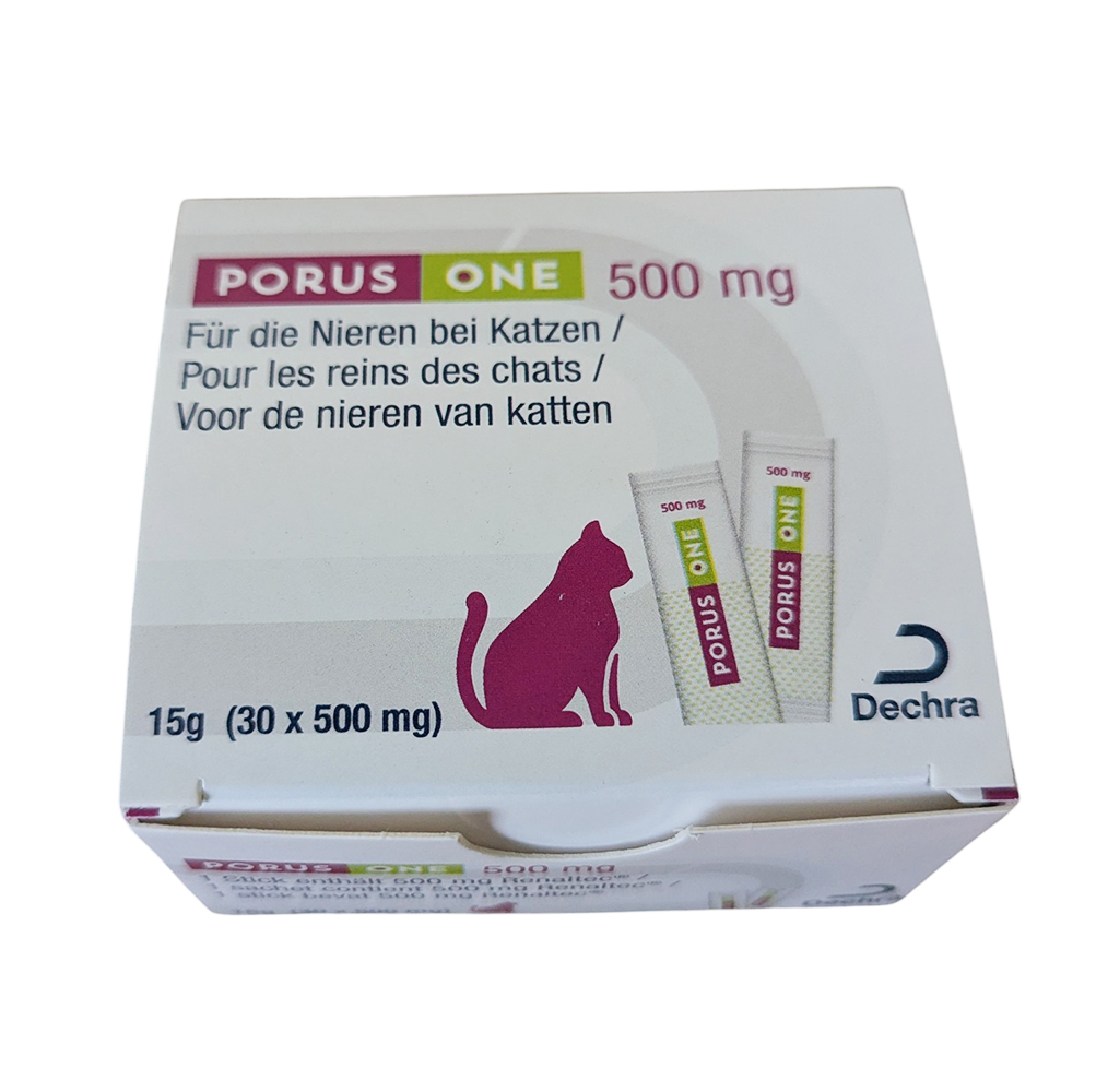 Boîte de Porus One Dechra pour chats contenant 30 sachets de 500 mg, avec une illustration de chat mettant en évidence la fonction rénale.