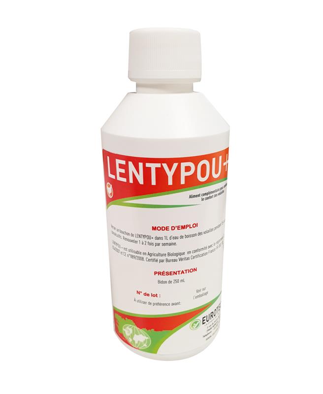 Bidon de 250 ml de LENTYPOU+ Eurothèque, complément alimentaire naturel pour volailles, efficace contre les poux et utilisable en agriculture biologique.