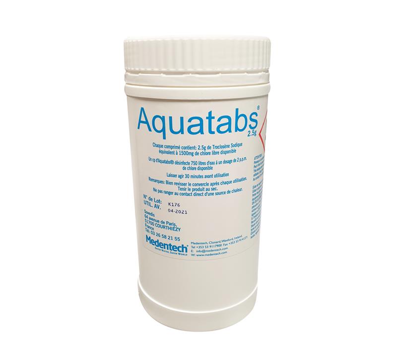 Pot Aquatabs 2,5g de 220 comprimés pour désinfection citerne eau 750L.