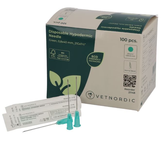 Boîte de 100 aiguilles hypodermiques VetNordic 21G Verte 40mm, pour IM profonde et douce.