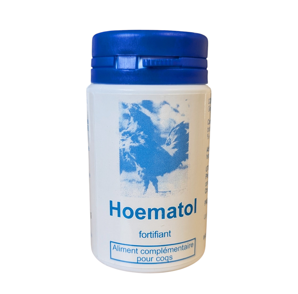 Flacon blanc de Hoematol fortifiant par le Laboratoire Moureau avec un bouchon bleu, aliment complémentaire pour la vitalité des coqs.