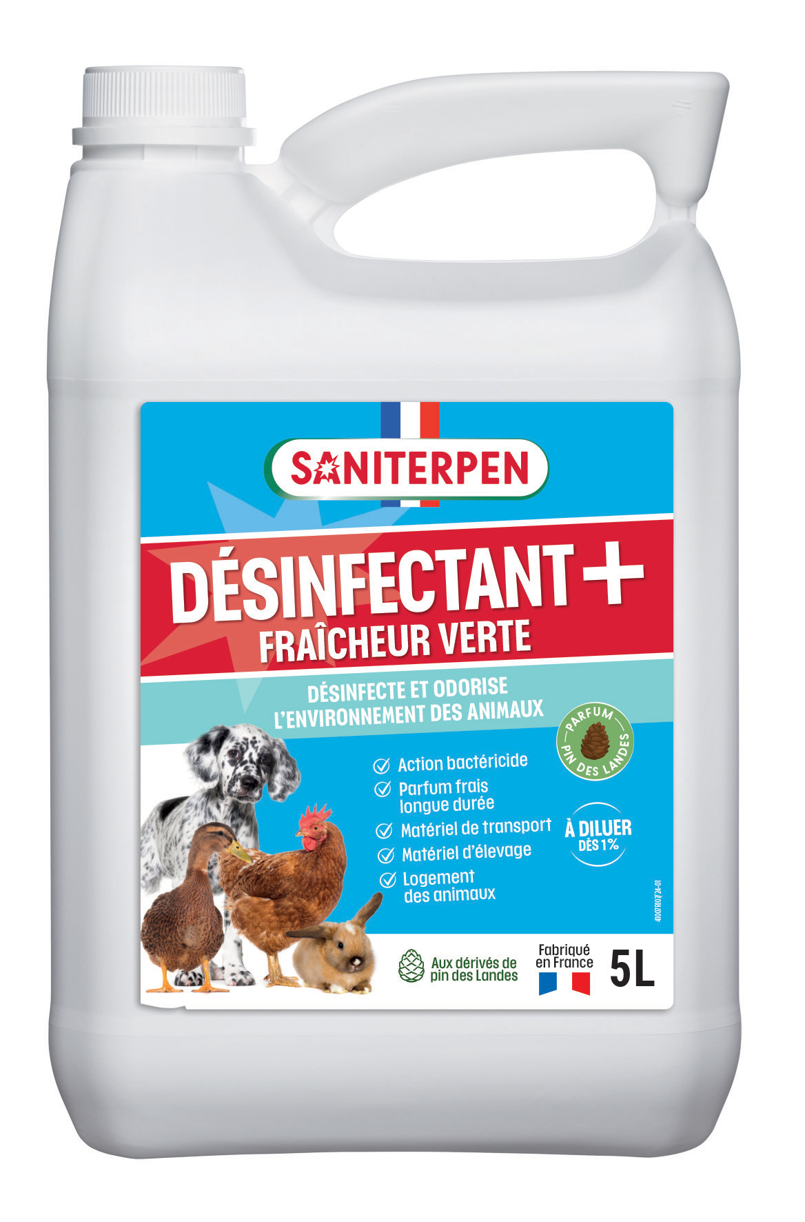 Grand bidon blanc de 5 Litres de Saniterpen Désinfectant + Fraîcheur Verte concentré bactéricide pour l'élevage professionnel, les chenils et les poulaillers.
