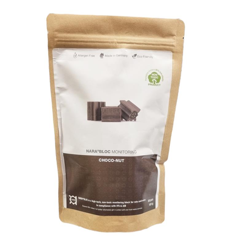 Sachet de 20 blocs attractifs NARA BLOC Choco-Nut pour monitoring rongeurs sans allergène.
