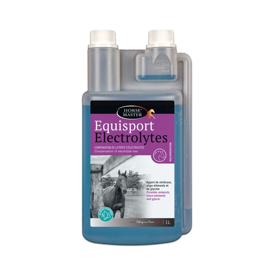 Flacon doseur transparent de 1 Litre de solution liquide turquoise Equisport Electrolytes Horse Master pour cheval.