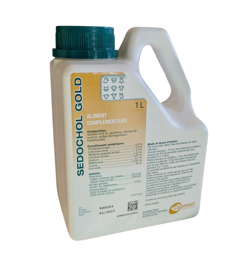Bidon blanc de 1 litre de SEDOCHOL GOLD Coophavet, aliment complémentaire pour le foie des animaux.