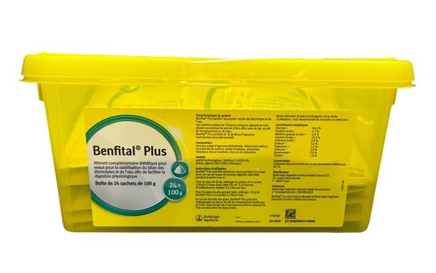 Boîte jaune Benfital Plus 24 sachets aliment complémentaire veau pour troubles digestifs Boehringer Ingelheim.
