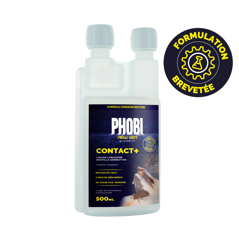 Flacon doseur de 500ml d'insecticide concentré PHOBI Contact + nouvelle génération avec logo "Formulation brevetée" pour le traitement des insectes rampants.